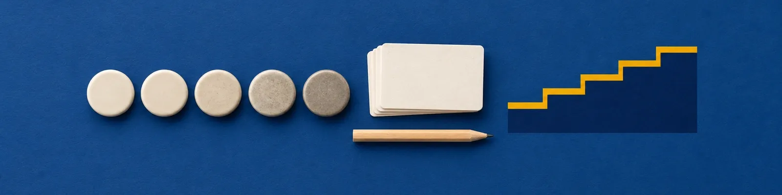 Blank neutral assessment tokens and response cards on deep-blue paper beside a navy and marigold stepped severity ladder.