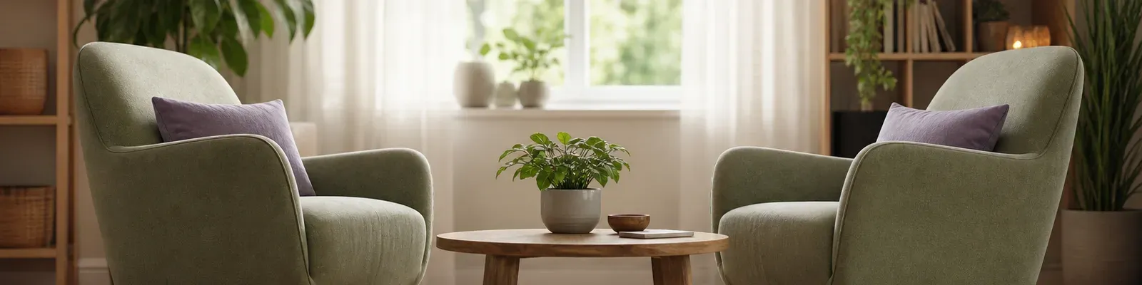 Two comfortable armchairs angled toward each other in a bright, plant-filled counseling room