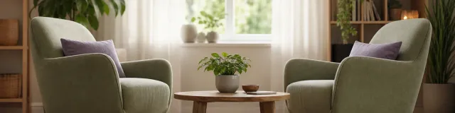 Two comfortable armchairs angled toward each other in a bright, plant-filled counseling room