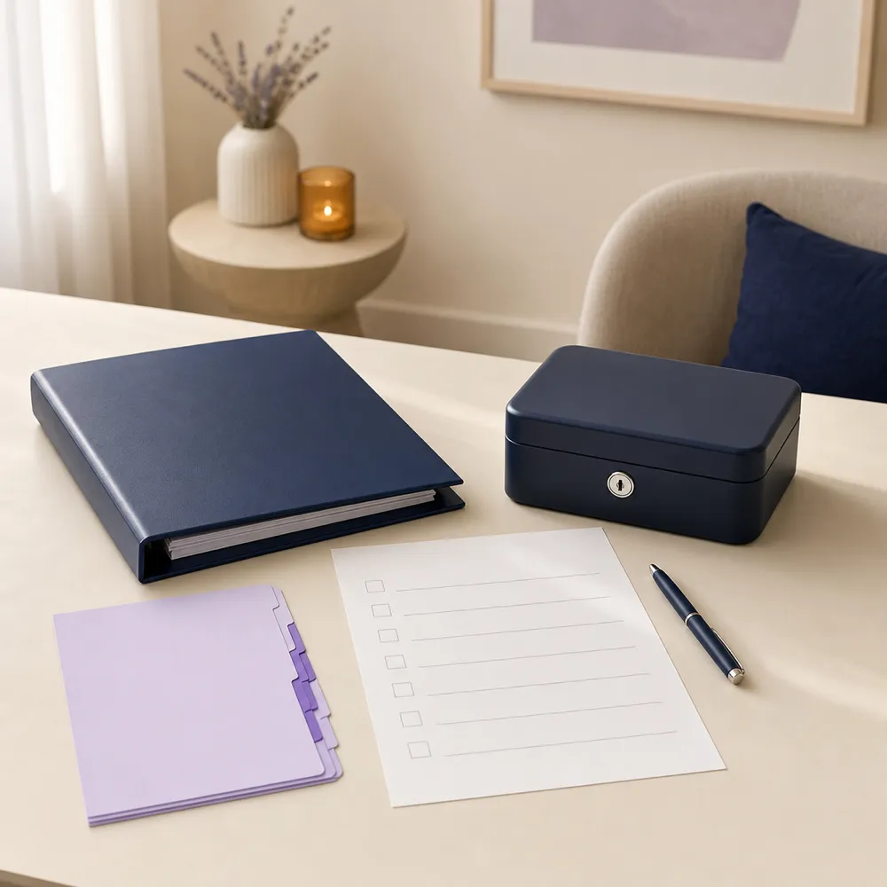 Orderly therapy-practice desk with a navy compliance binder, locked record box, lavender file tabs, blank checklist, and pen