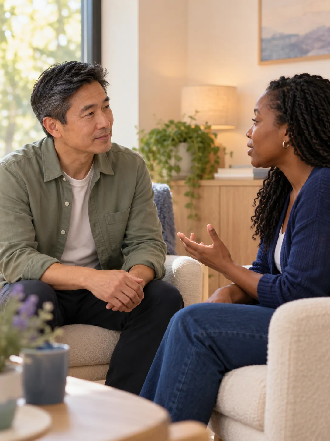 Illustrative fictional therapy scene: a practitioner listening attentively to a client.