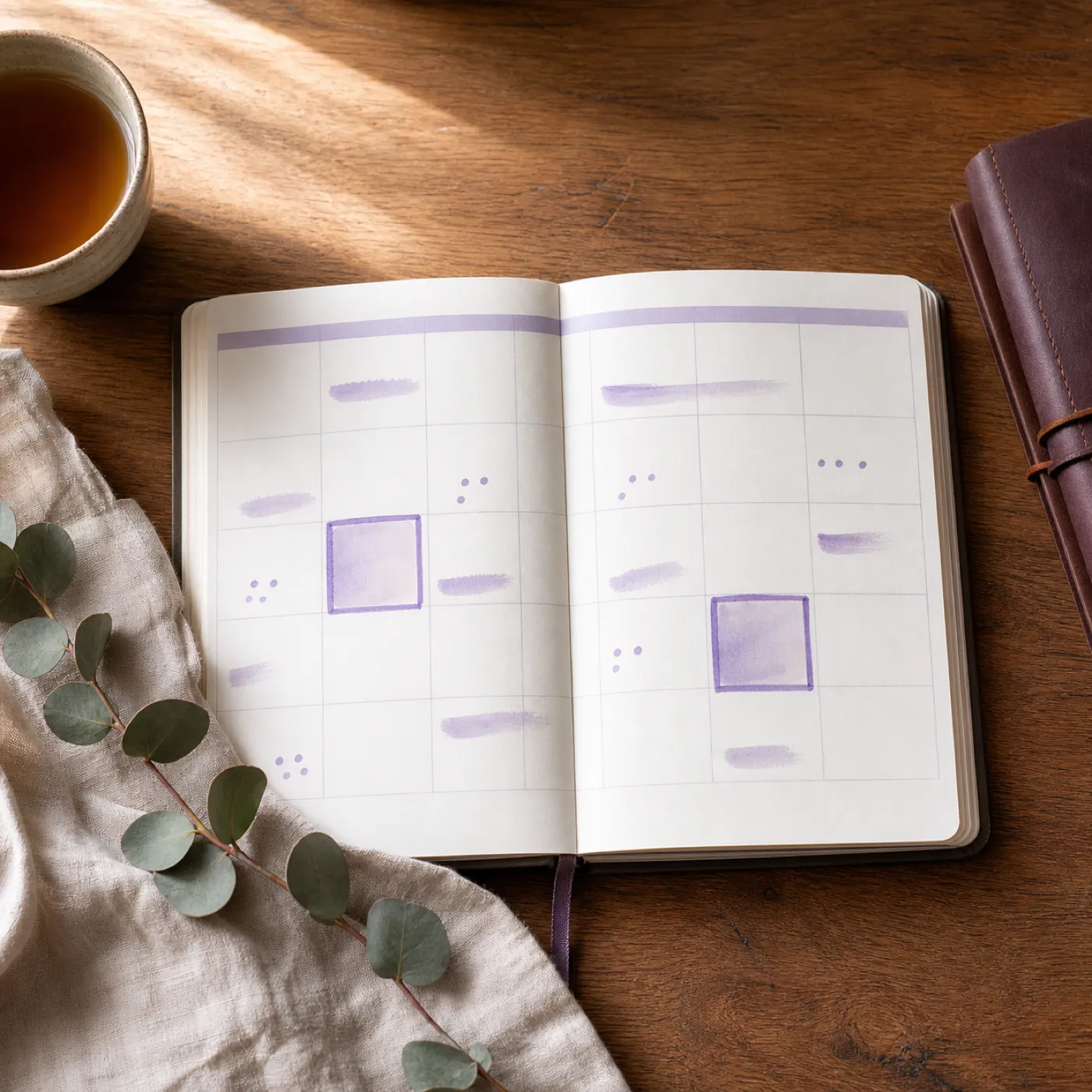 An open weekly planner on a wooden desk with soft purple watercolor marks suggesting daily check-ins between two larger scheduled appointment squares