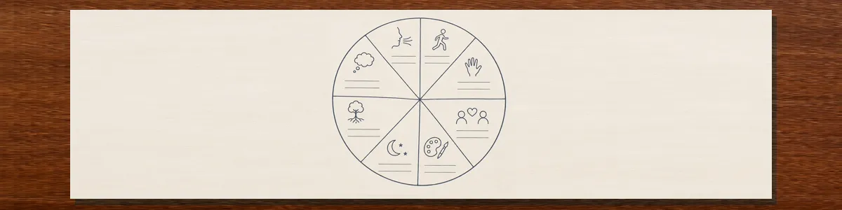 Centered coping-skills wheel with eight icon segments on cream paper over a warm wood surface