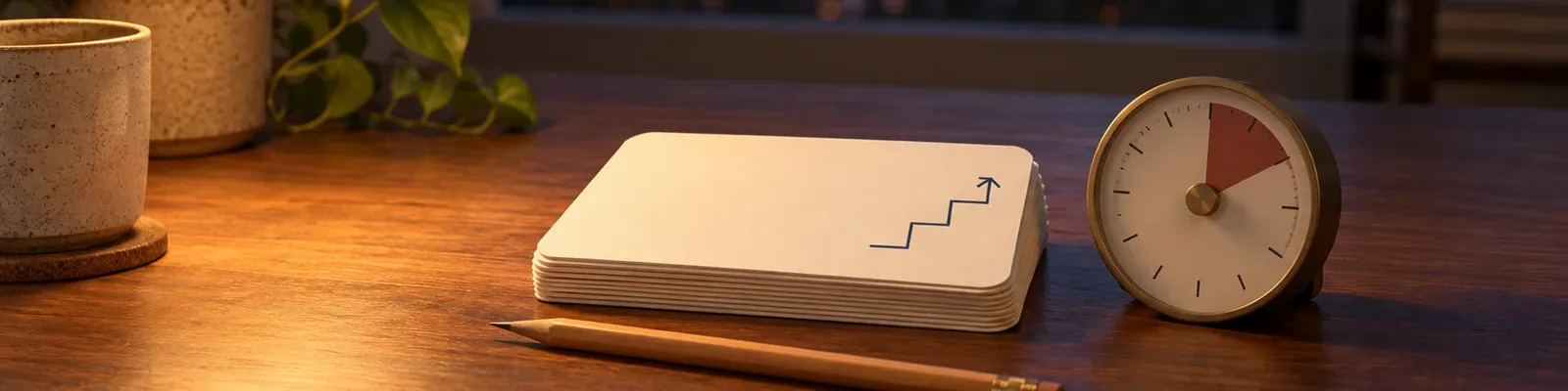 Lamp-lit photo of stacked practice cards and a pencil with a small navy linework motif.