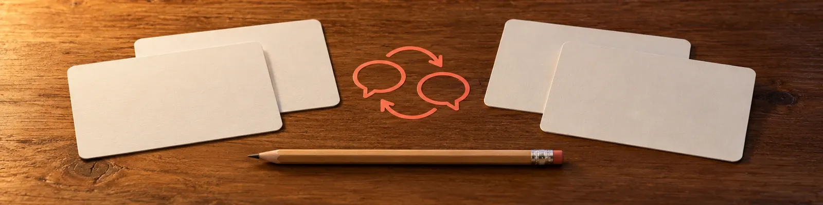 Lamp-lit macro photo of paired blank prompt cards with a coral dialogue-loop motif.
