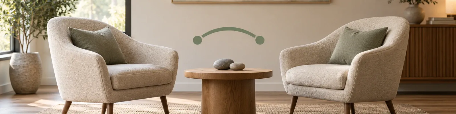 Photo of an empty couples room with paired stones and a small sage repair-arc illustration.
