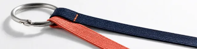 Coral and navy document tabs threaded through one silver binder ring on a bright white surface