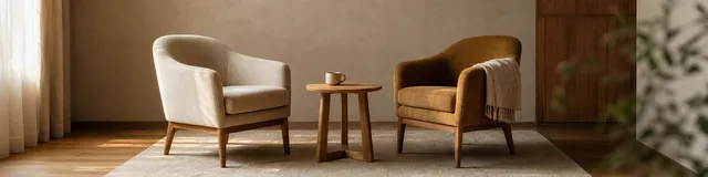 Two empty upholstered chairs angled toward a round oak table in a warm, sunlit therapy office