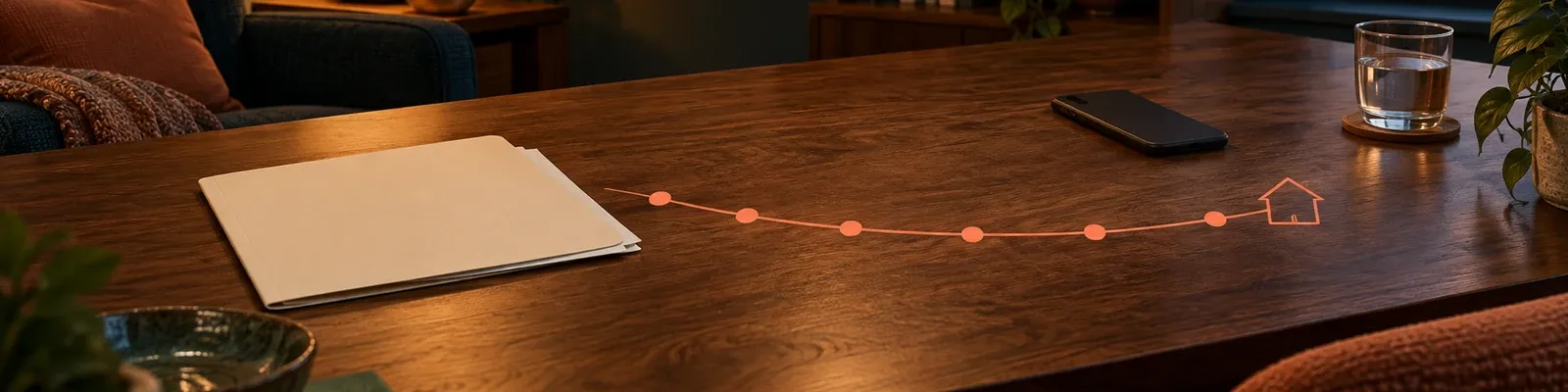 A blank folder and face-down phone on a lamp-lit safety-plan table, crossed by one coral arc with six steps ending at a home outline.