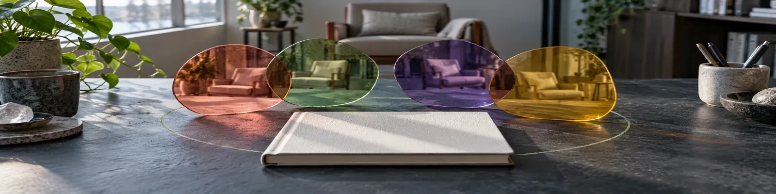 Four overlapping translucent color lenses around a reflection notebook in a quiet therapy supervision room.