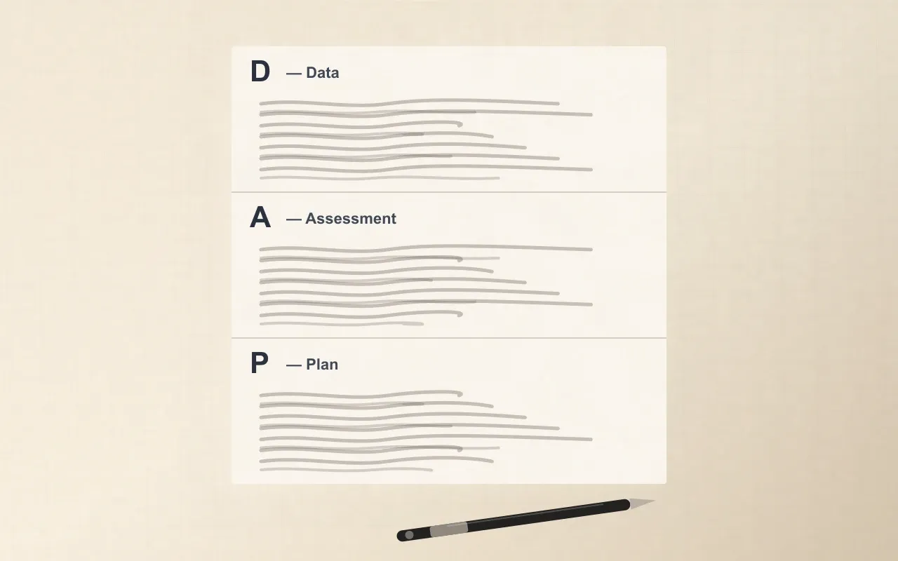 A DAP-format clinical progress note divided into three labelled sections: Data, Assessment, Plan. Each section shows representative ruled-line content and is separated by a thin horizontal rule.