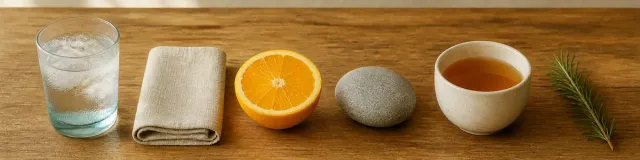 Ice water, folded linen, halved orange, river stone, tea cup, and rosemary in one row on a honey-oak table, no people or text