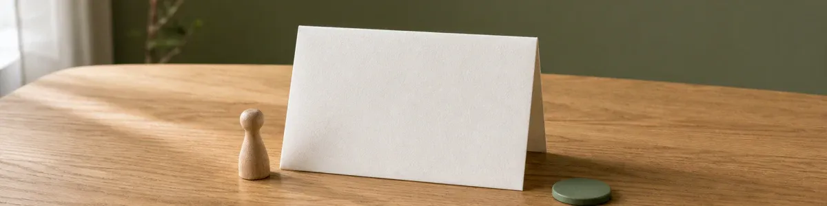 Blank folded treatment plan beside a wooden stage marker and sage review token on a sunlit oak desk