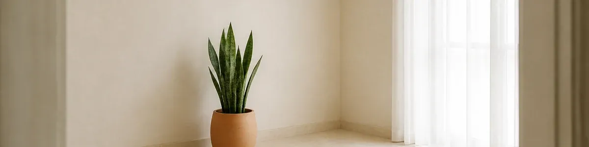 Slightly high doorway view into a bright cream-plaster clinic alcove with a terracotta snake plant on pale limestone and sheer curtains over a north window