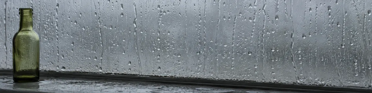 Rain on a slate window with one small olive glass bottle at the left of the sill