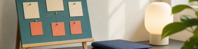 A teal therapy planning board with blank cream and coral technique cards beside a closed navy folder, warm table lamp, and blurred plant.
