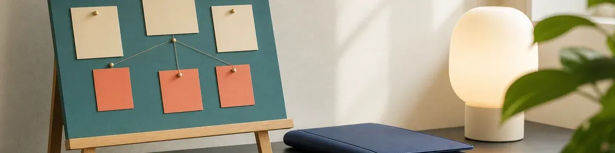A teal therapy planning board with blank cream and coral technique cards beside a closed navy folder, warm table lamp, and blurred plant.