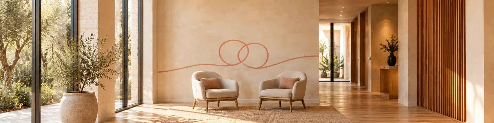 Two empty chairs in a warm-neutral clinic waiting room beneath coral attachment bond-loop strokes painted on the wall.