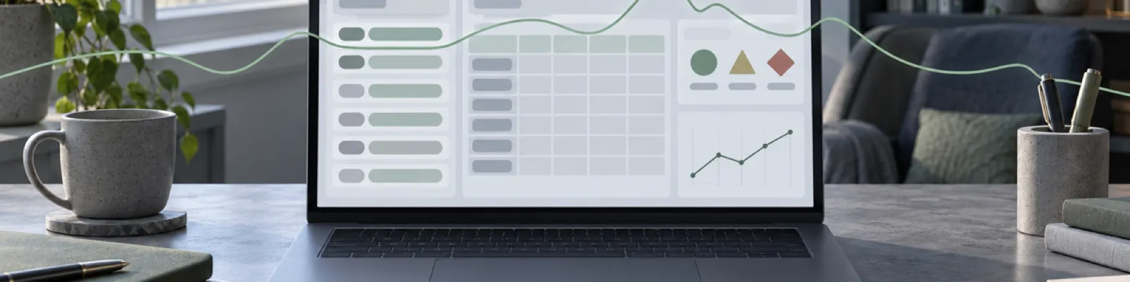 A laptop showing an abstract psychiatric EHR with medication and mental-status panels on a cool slate desk