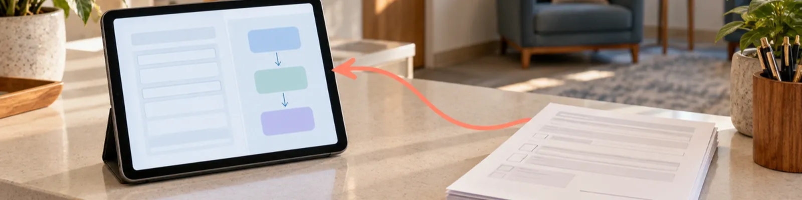 A clinic intake counter with a tablet and consent packet connected by a coral illustrated route line