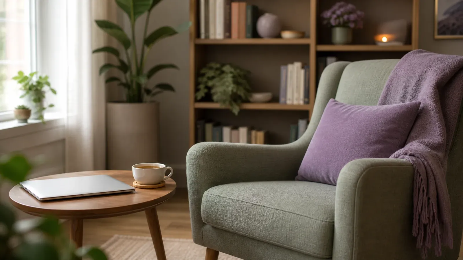 A sage-green armchair with a lavender throw beside a small table holding a closed laptop and a cup of tea, with a bookshelf and plants in a calm therapy room