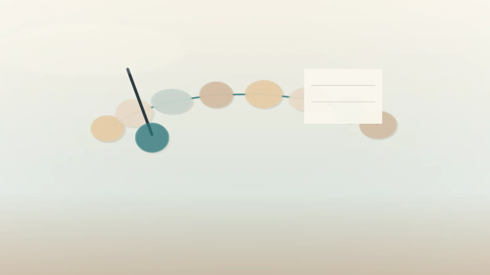 Abstract EMDR workflow visual with river stones in an arc, a teal pendulum object, and a blank rating card on a calm cream surface.