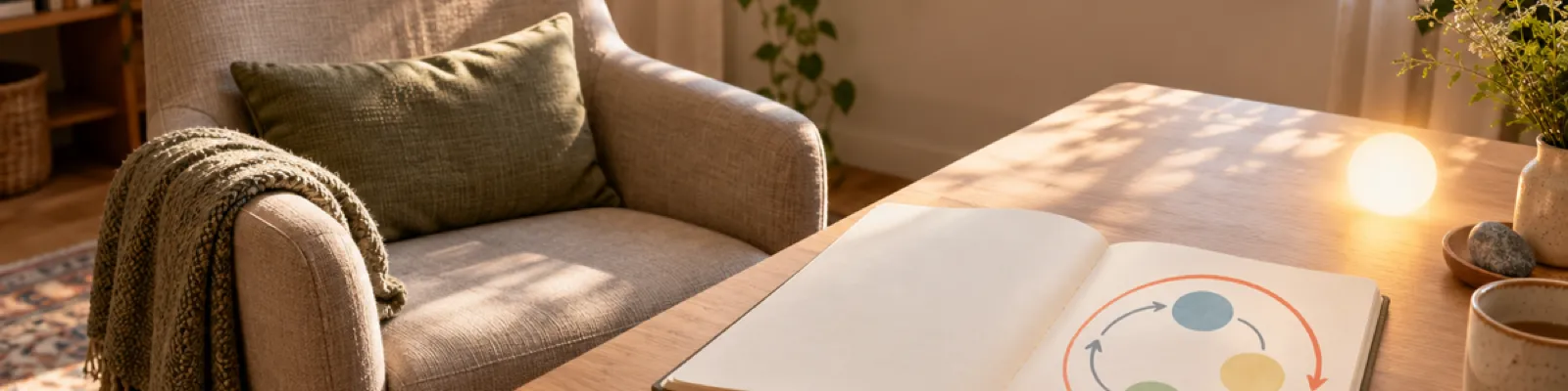 A single therapy chair, blank journal, and coral inner loop opening toward a sage circle of light