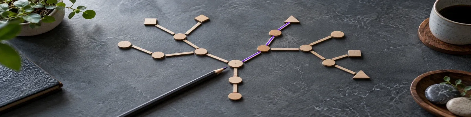 A graphite pencil at the branch point of a tactile wood decision path on a slate desk.