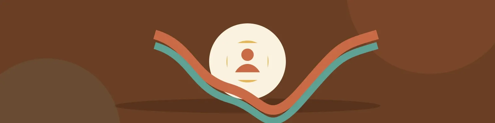 A cream circle holding an abstract profile icon above two crossing coral and teal ribbon paths.