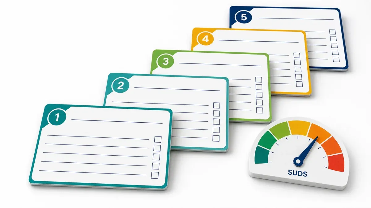 Five numbered exposure hierarchy cards arranged as steps beside a SUDS gauge, showing a graded worksheet structure for therapists.