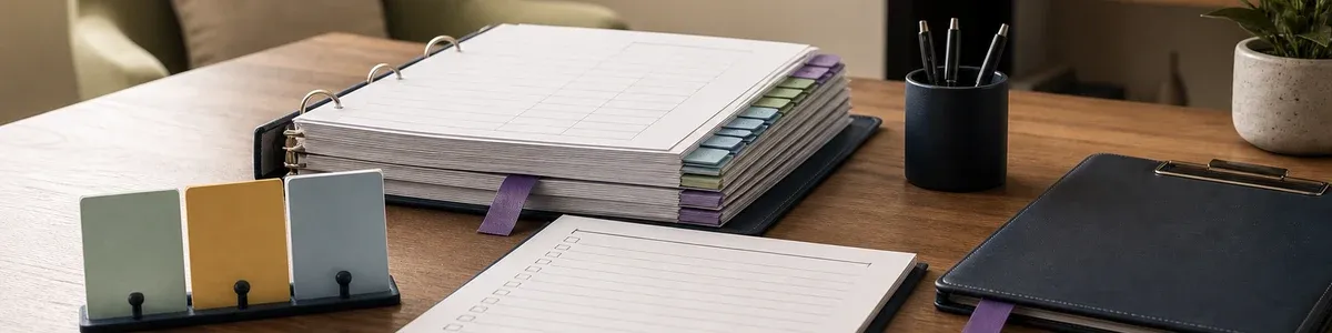 A therapy office desk with a tabbed clinical binder, checklist pages, pens, plant, and black clipboard in warm natural light