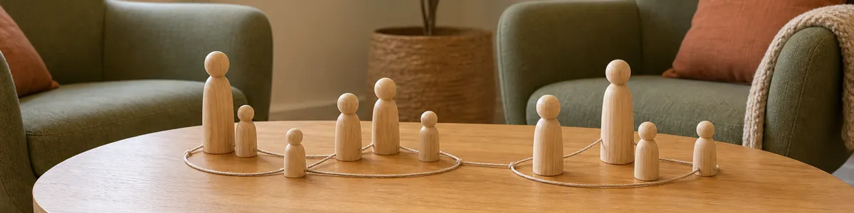 Wooden figures arranged in three generations and two household clusters on an oak table between empty therapy chairs