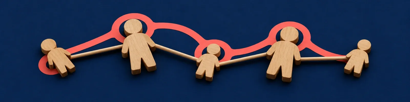 Five faceless wooden family figures connected by rods on navy, with one coral cut-paper collage linking the family system.