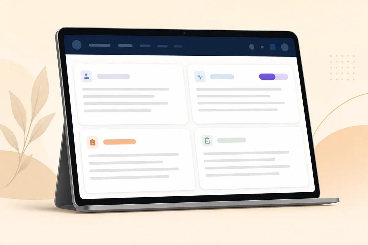 A conceptual product UI mockup of a tablet showing a structured clinical-note interface with a navy header and four labelled card sections in a 2x2 grid, with subtle purple and orange accent chips