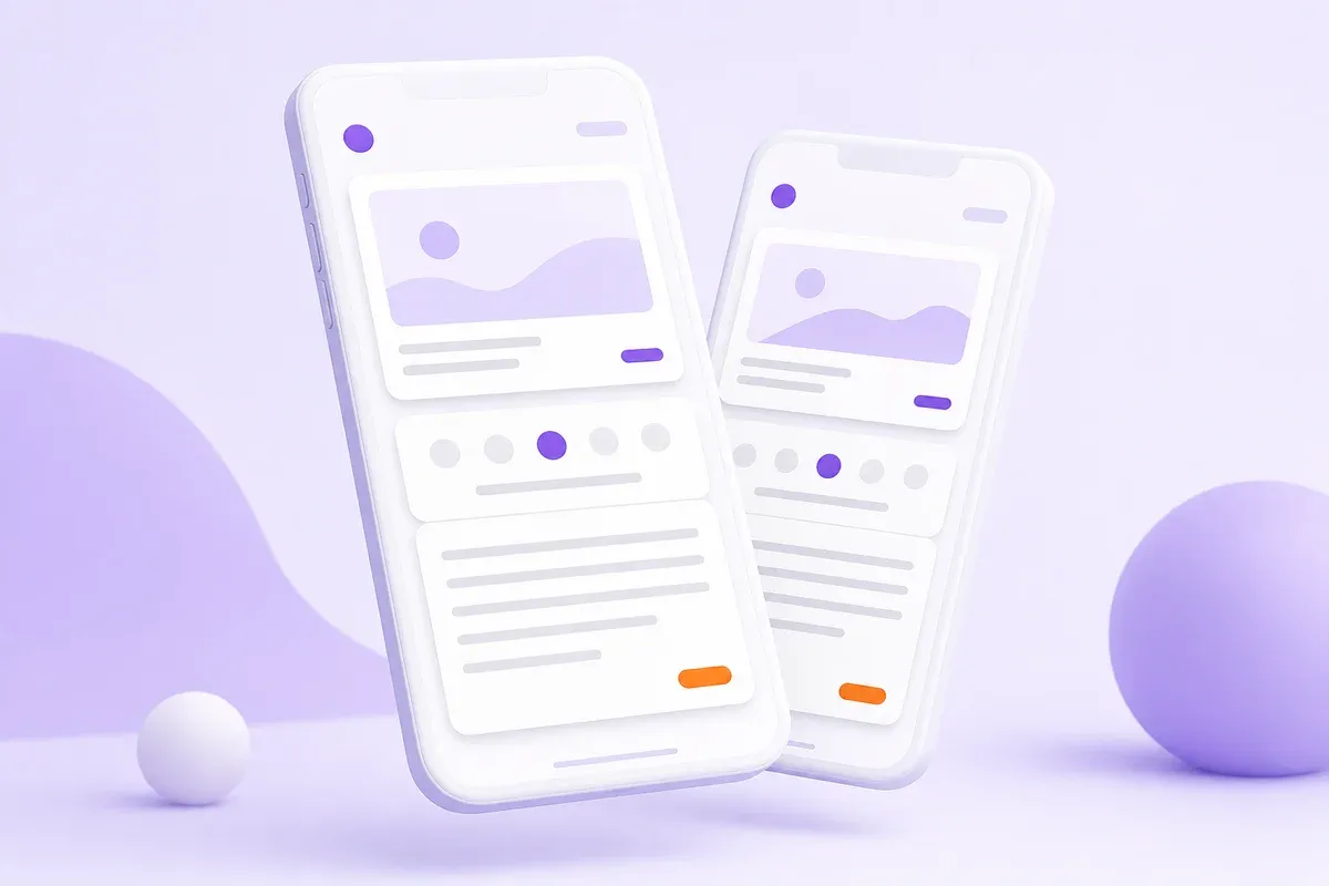 A conceptual mobile UI mockup showing two stacked smartphone screens on a soft lavender background, with abstract cards suggesting a daily check-in, a five-point mood scale, and a journaling area