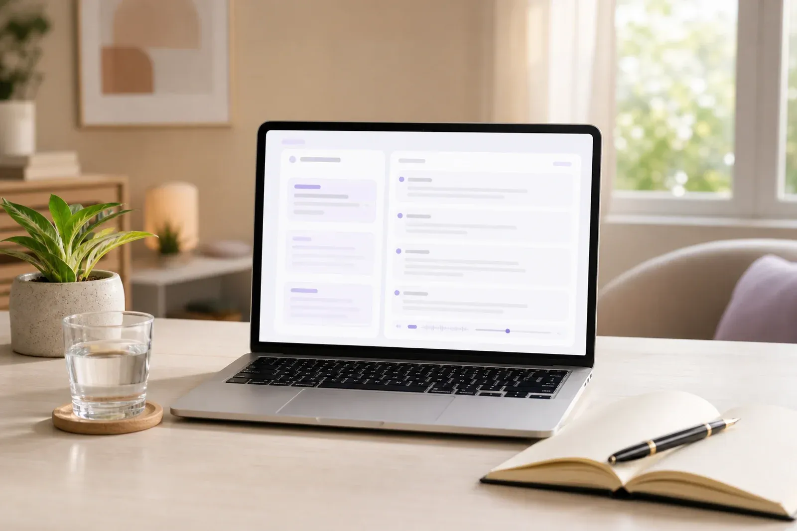 A modern therapist's workspace mid-session: a laptop on a clean wooden desk showing an abstract notes-and-transcript dashboard, a small plant, a glass of water, and an open paper notebook with a fountain pen, lit by soft natural daylight