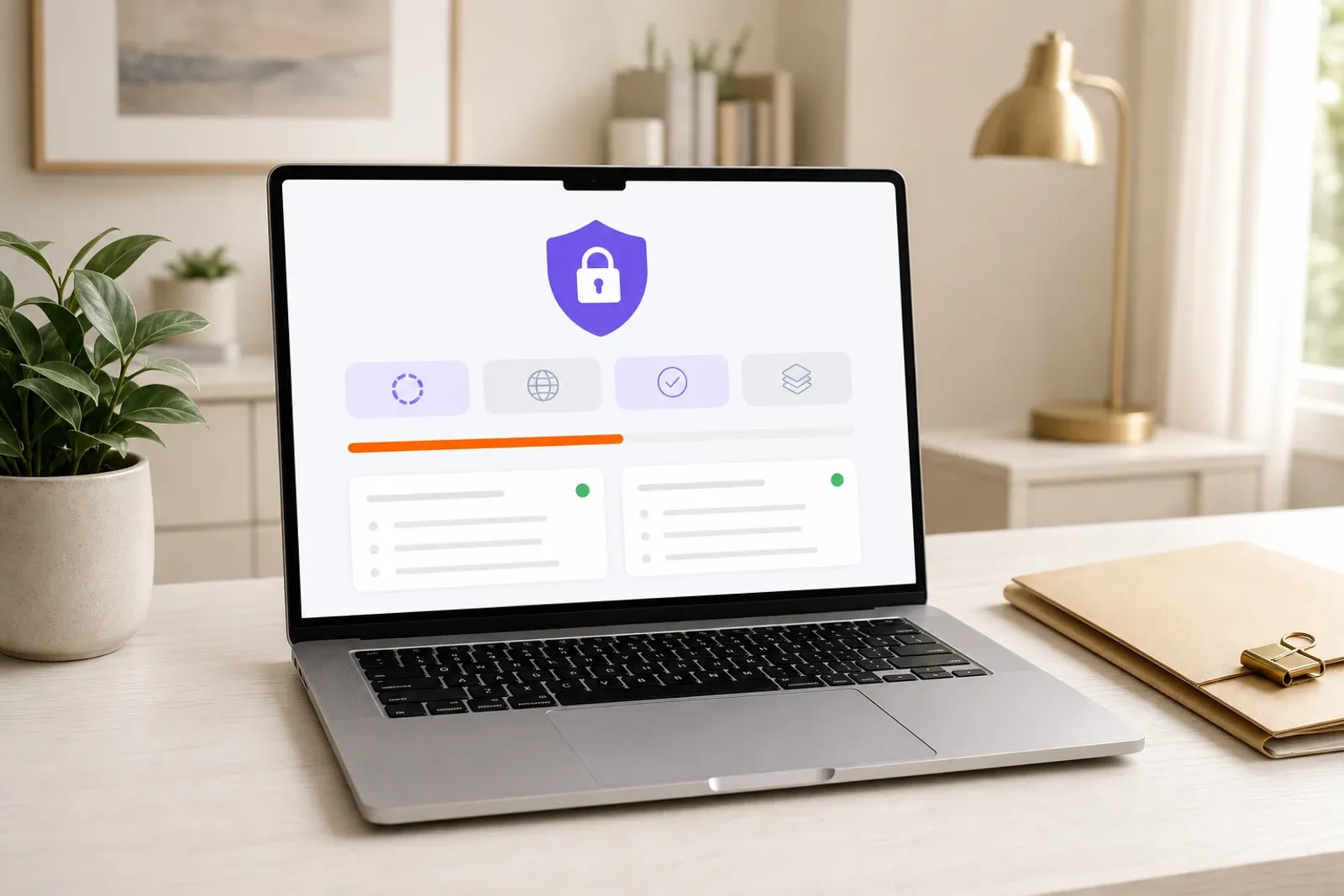 A calm therapist's desk with a laptop showing an abstract security dashboard: a purple shield-with-lock icon, four compliance badge tiles, an orange progress bar, and two audit-log cards. A plant, a brass desk lamp, and a manila folder with a binder clip suggest confidential client records held privately.