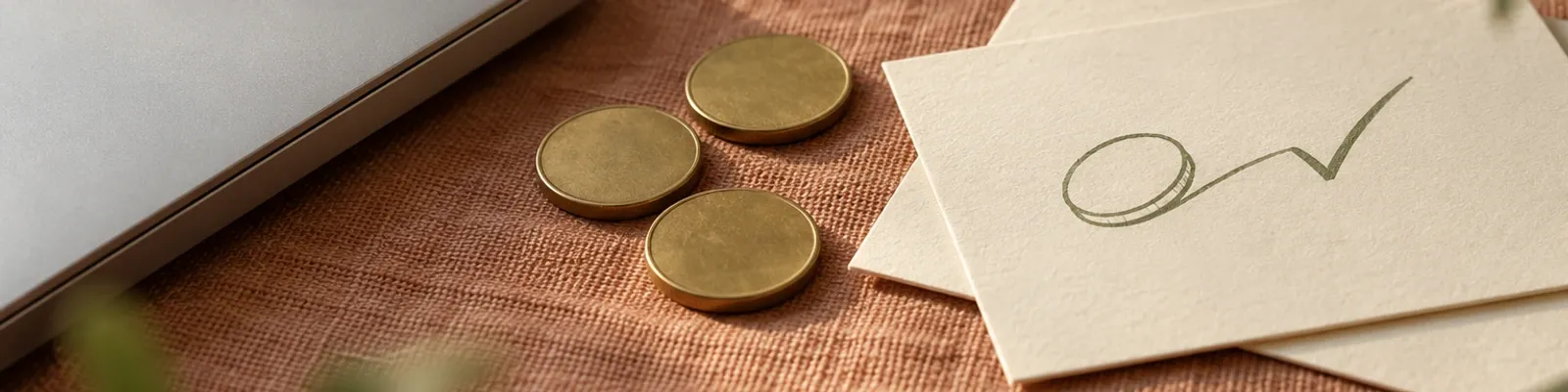 Close view of an unbranded laptop edge, three plain coins, and blank feature cards on terracotta linen, with one sage coin-to-check drawing.