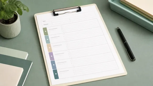 A blank mental status exam template on a cream clipboard with colored domain tabs, a black pen, and sage green stationery.