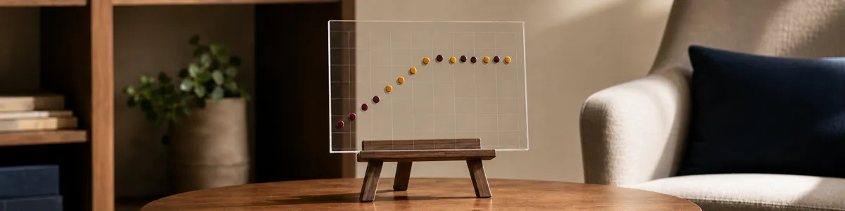 Acrylic progress-tracking board on a walnut easel with plum and amber markers forming a rising then level session trend