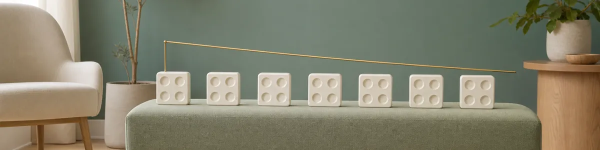 Seven cream assessment tiles with four response indents each beside a descending brass line representing score trends