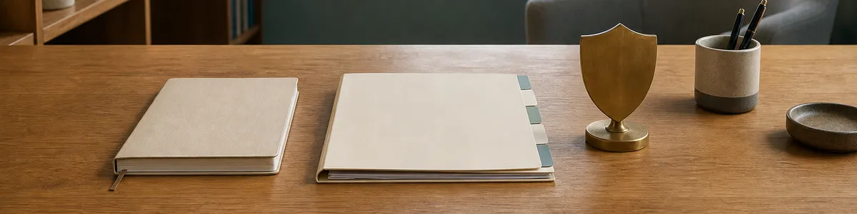 Calm UK therapy-office desk with a closed notebook, folder tabs, pens, and a brass privacy shield for client-data protection