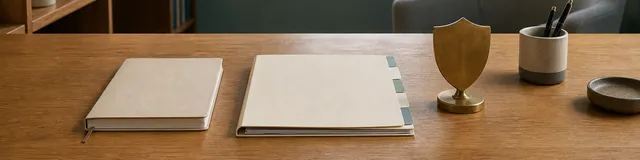 Calm UK therapy-office desk with a closed notebook, folder tabs, pens, and a brass privacy shield for client-data protection