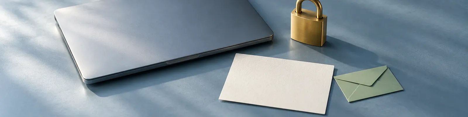 Cool-morning photo of a locked laptop and blank message card with a small sage envelope illustration.