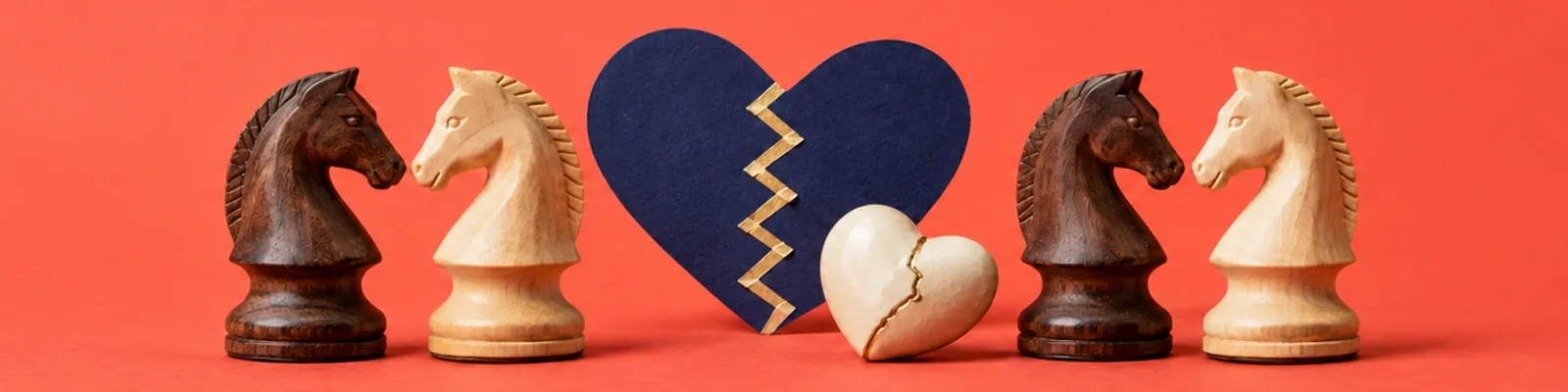 Four wooden chess knights and a mended ceramic heart on coral, with one navy repair-heart collage.