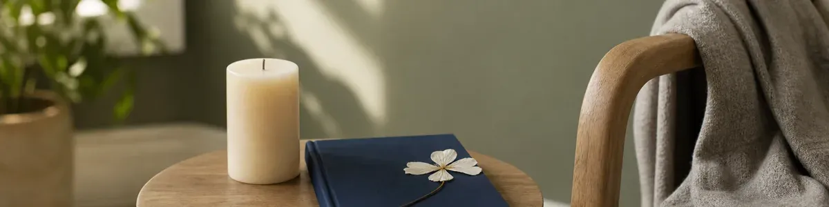 A quiet grief therapy planning scene with a candle, a pressed flower, and a journal on a side table