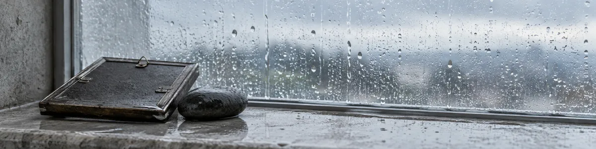 Face-down pewter picture frame and a dark river stone on a wet concrete windowsill in cool overcast light