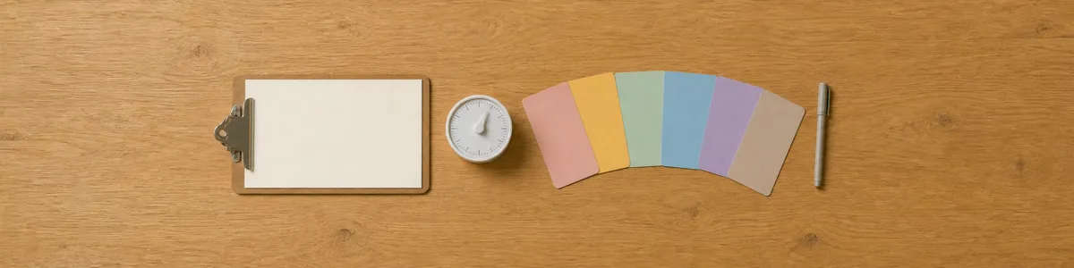 Top-down facilitator planning desk with a blank clipboard, timer, pen, and six colored activity cards