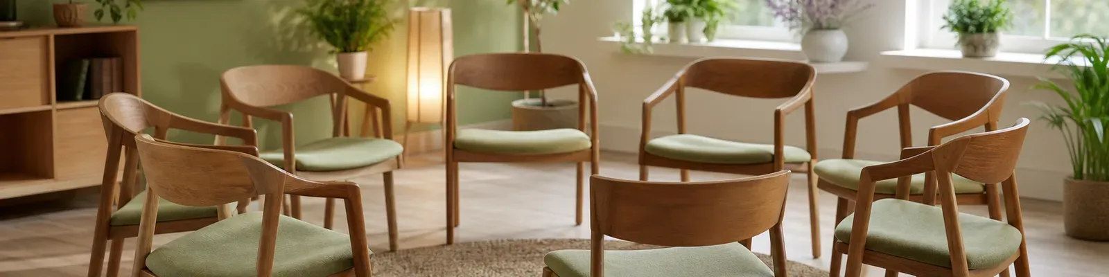A circle of empty wooden chairs in a bright, airy community room with large windows and plants