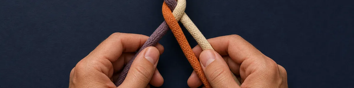 Two hands weaving purple, orange, and cream cords into one braid on a matte navy surface